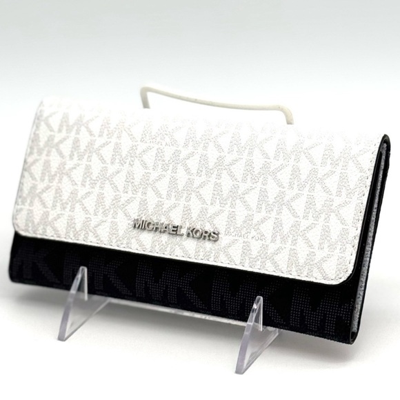 Michael Kors Jet Set Large Signature Logo TriFold Wallet Optic White Multi - Picture 1 of 10